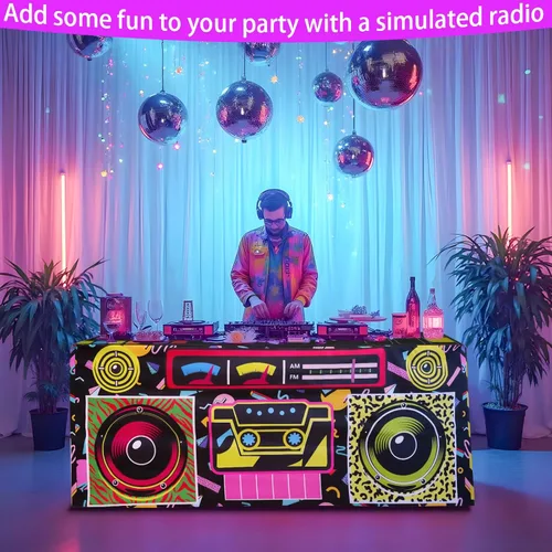 Miniatura 4 de Mantel de Mesa para Fiesta Temática de los 80 y 90 de 4 pies, Decoraciones de los 80 y 90 para Fiesta de Cumpleaños de Hip Hop de Vuelta a los 80