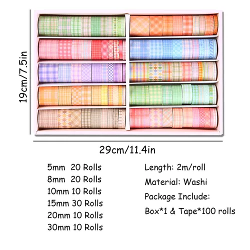 Miniatura 2 de Juego de cinta Washi de celosía, 100 rollos de cinta adhesiva, 5/8/10/15/20/1.181 in de ancho, 6.56 pies de largo/rollo de cinta decorativa