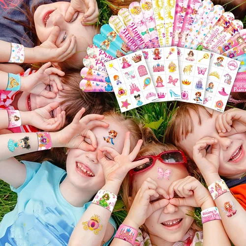 Miniatura 8 de Cherisnowy Juego de 72 piezas de fiesta de princesita – 48 tatuajes temporales y 24 pulseras de bofetada – Bonitos suministros de cumpleaños