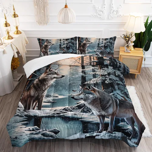 Miniatura 32 de AILONEN Juego de edredón con cabeza de lobo impresa tamaño individual, juego de ropa de cama de lobo para la noche para niños y hombres, juego