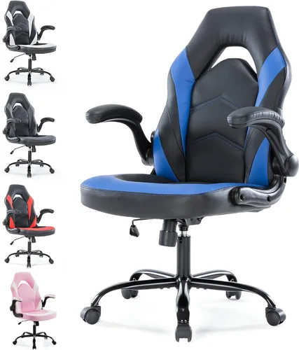 Silla ergonómica de escritorio para juegos, silla giratoria ajustable de piel sintética con reposabrazos abatibles para oficina en casa y