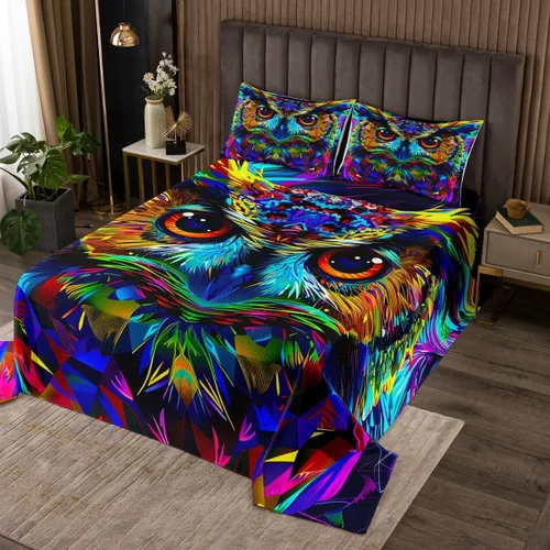 Erosebridal Juego de colcha acolchada de búho 3D, tamaño individual, para niños y niñas, multicolor, para acuarela, animales salvajes, juego de