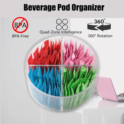 Miniatura 4 de Organizador de paquetes de bebidas giratorias de 360°, plástico transparente sin BPA de 4 secciones para mezclas de café, azúcar y bebidas