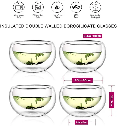 Miniatura 2 de CNGLASS Juego de 4 tazas de té de vidrio de doble pared de 3.4 fl oz, tazas de té transparentes con aislamiento asiático, pequeña taza de espresso