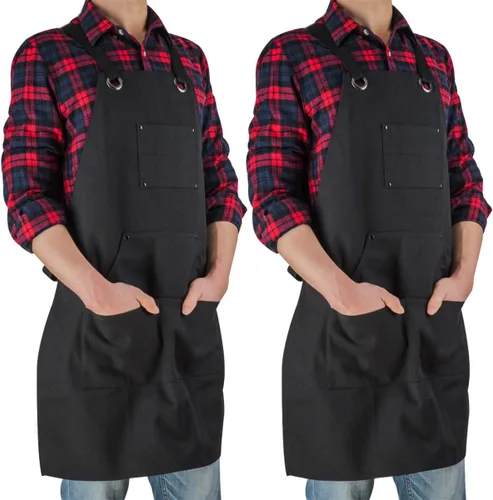 Miniatura 9 de Delantal de lona de 16 onzas para hombre, delantal de trabajo resistente negro para carpinteros, carpinteros, herreros, barbacoas, jardineros