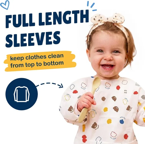 Miniatura 4 de Eli with Love Disposable Bibs Individually Wrapped Bib with Crumb Catcher - Waterproof Baby Bibs For Feeding Happy Bear - Manga larga