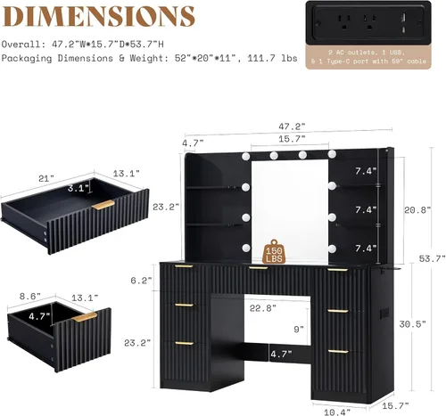 Miniatura 3 de AMERLIFE Escritorio estriado de 47.2 pulgadas con espejo y luces LED ajustables, mesa grande de tocador de maquillaje con 7 cajones con parte Negro