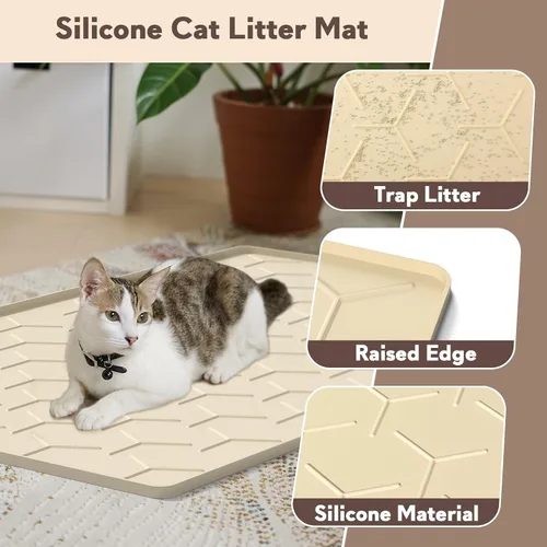 Miniatura 3 de Garoopion Tapete de Silicona para Atrapar Arena para Gatos, Grande Impermeable 34" X 22" Tapete para Caja de Arena de Gatos, Fácil de Limpiar, Beige