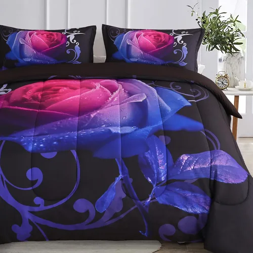 Miniatura 13 de WONGS BEDDING Juego de edredón azul tamaño matrimonial, juego de edredón reversible con estampado de rosas azules con 2 fundas de almohada