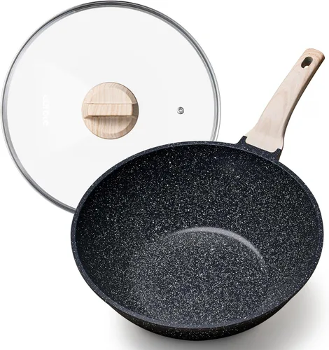 CAROTE Wok antiadherente con tapa de 30.5 cm/4.99 L Woks y sartenes para freír Sartén wok antiadherente de granito para inducción Sartén para freír
