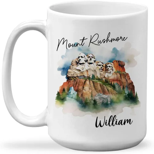 Tazas de viaje con nombre personalizado Mount Rushmore National Memorial, tazas de viaje de cerámica personalizadas con diseño de lugar famoso para