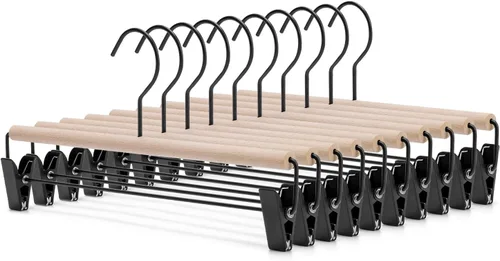 Nature Smile Percha de madera de haya para pantalones de mezclilla con 2 clips negros mate ajustables y gancho, paquete de 10 unidades (madera