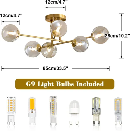 Miniatura 2 de Moderna Lámpara de Techo de 6 Luces con Forma de Globo Sputnik de Montaje Empotrado Lámpara de Techo Sputnik de Mediados del Siglo de Metal Dorado