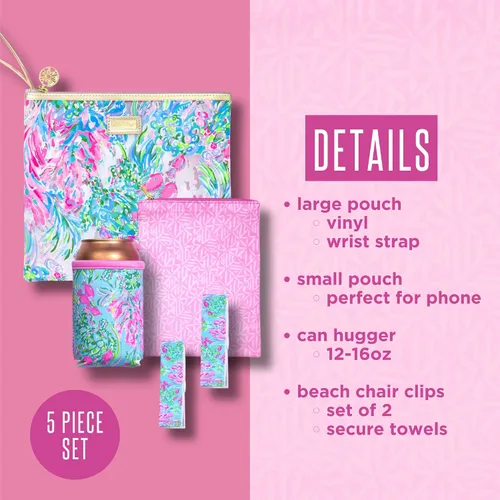 Miniatura 3 de Lilly Pulitzer Funda de vinilo resistente al agua para la playa, bolsa con cremallera incluye protector de bebidas, funda pequeña y clips para toalla