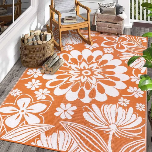 Miniatura 23 de Ileading Alfombra de Paja de Plástico para Exteriores 5x8 pies Estilo Floral Divertido Alfombras de Área Reversibles para Patio Impermeables