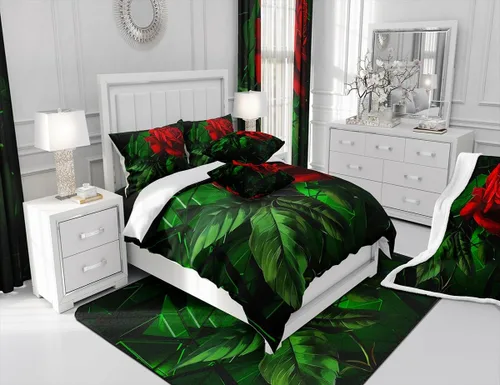 Miniatura 6 de Manfei Juego de sábanas de rosas rojas, tamaño individual, juego de ropa de cama de hojas verdes para niñas, adultos, parejas, decoración