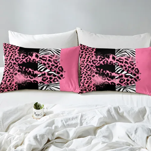 Miniatura 4 de Manfei Sábana bajera ajustable de labios de rosa, tamaño individual, funda de cama con estampado de cebra de leopardo con 1 funda de almohada, juego