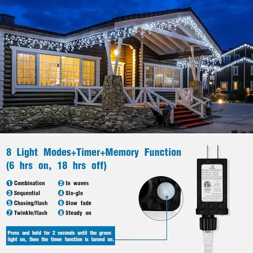 Miniatura 5 de Luces de cadena LED de carámbanos de 32.8 pies con 400 LED, 8 modos impermeables, luces navideñas de carámbanos para exteriores con función