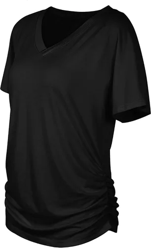 Miniatura 5 de WIHOLL - Camisetas de manga corta con cuello en V para mujer, holgadas, con fruncido lateral