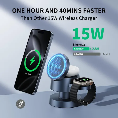 Miniatura 2 de Estación de carga inalámbrica magnética 4 en 1, carga rápida de 15 W con luz nocturna ajustable para soporte de cargador MagSafe, cargador