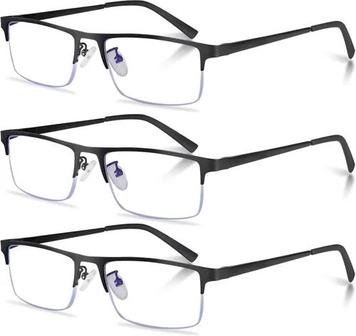 Miniatura 10 de Paquete de 3 lentes de lectura para hombre, ligeros de metal medio marco de metal con bloqueo de luz azul, lectores de computadora