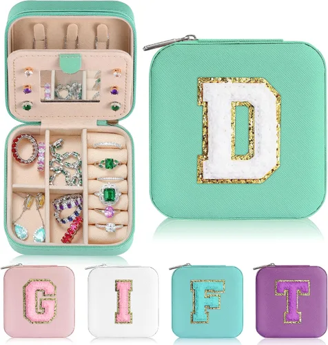 Parima Joyero con inicial para mujeres y niñas, estuche de viaje azul Parches de letras de felpilla Joyero de viaje personalizado multifuncional