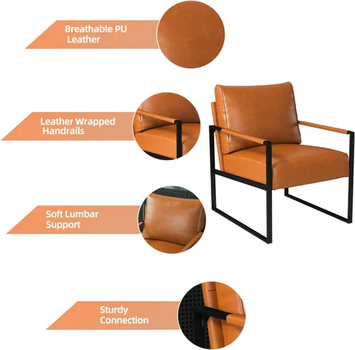 Miniatura 3 de INZOY Silla decorativa de cuero con marco de metal, cómoda silla de sala de estar con respaldo y cojín, silla moderna de mediados de siglo con Marrón