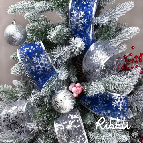 Miniatura 4 de Ribbli Cinta azul y plateada para árbol de Navidad, con alambre, purpurina, 6 rollos de 2.5 pulgadas, total de 36 yardas, para árbol, manualidades