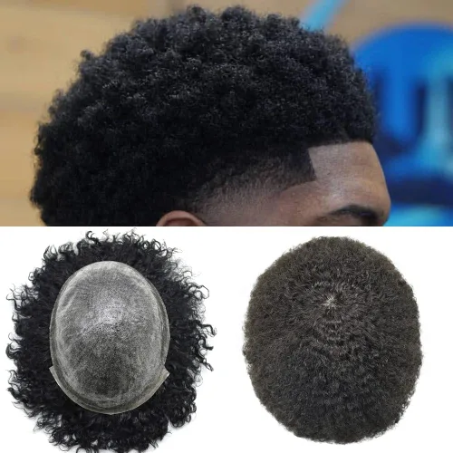 Miniatura 11 de Tupé rizado afro para hombres negros, tejido de pelo rizado para hombres, 8 x 10 pulgadas, pelo rizado de poliuretano completo, pieza de pelo rizado