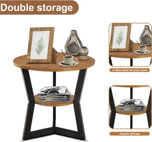 Miniatura 3 de Mesa auxiliar, mesa auxiliar redonda de madera para sala de estar con mesa de 2 niveles con estante de almacenamiento, diseño de soporte triangular