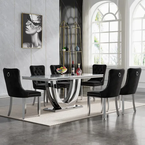 Miniatura 16 de Juego de mesa de comedor de 7 piezas con sillas, mesa de comedor de mármol sintético y sillas beige para 6, juego de mesa de comedor de oro blanco