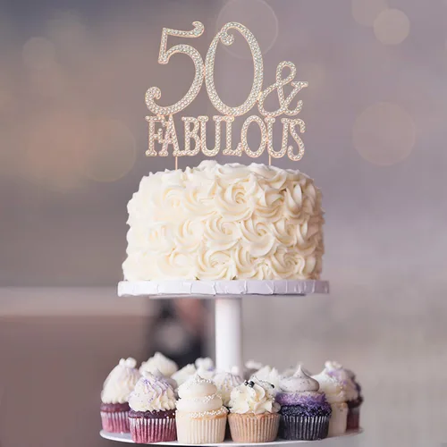 Miniatura 7 de Decoración de 50 tartas – Metal de oro rosa de alta calidad – 50 y fabuloso – Decoración brillante de diamantes de imitación para fiesta