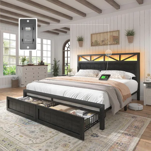 Miniatura 16 de EnHomee Marco de cama King de metal con 2 cajones de almacenamiento, cabecera de madera con iluminación LED y estación de carga, dormitorio, Negro