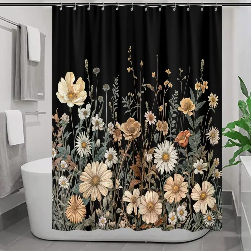 Miniatura 26 de Cortina de ducha de mariposa floral negra y dorada, cortina de ducha bohemia con diseño botánico de flores oscuras para baño con gancho, juego