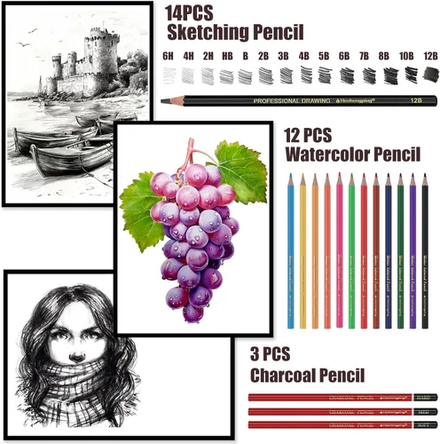 Miniatura 5 de Heshengping, Juego de lápices de dibujo, bolígrafo de dibujo, kit de bocetos de carbón, lápices de acuarela de carbón de grafito, lápices