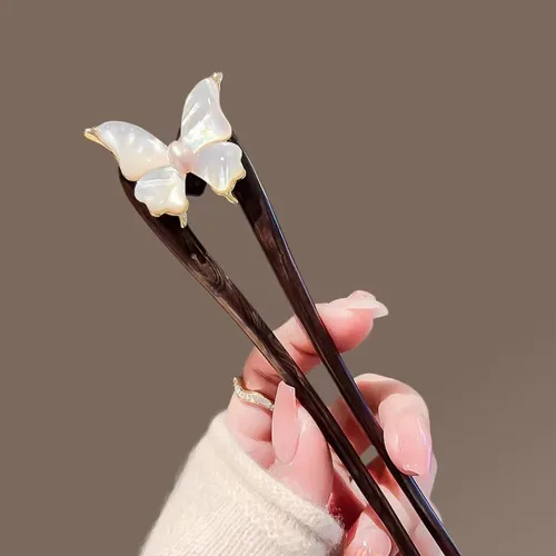 Miniatura 2 de Horquilla de madera hecha a mano – Tenedor de pelo en forma de U con diseño de mariposa de concha natural, pinzas de pelo francés para mujeres
