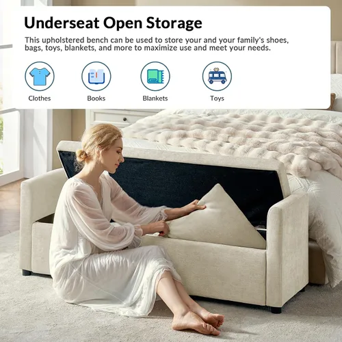 Miniatura 3 de EcoHarbor Otomán de Almacenamiento Moderno para Dormitorio, Banco de Pie de Cama con Cojines Decorativos y Brazos, Taburete Reposapiés para Sala