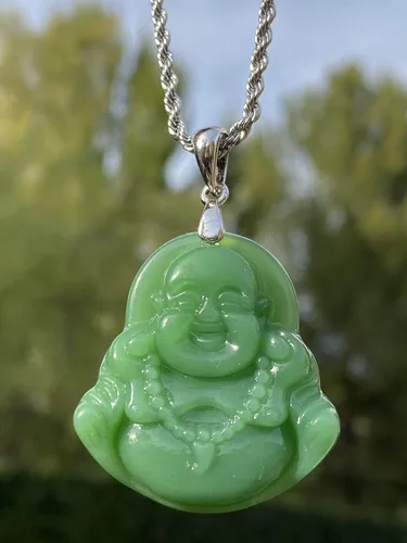 Miniatura 2 de Shop-iGold Colgante de Buda de jade verde claro para hombre y mujer, con estatua de Buda riendo, Metal, Jade simulado