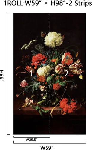 Miniatura 2 de Zeeko Murales de pared florales oscuros para despegar y pegar, 59 pulgadas de ancho x 98 pulgadas de alto, papel tapiz de flores 3D vintage