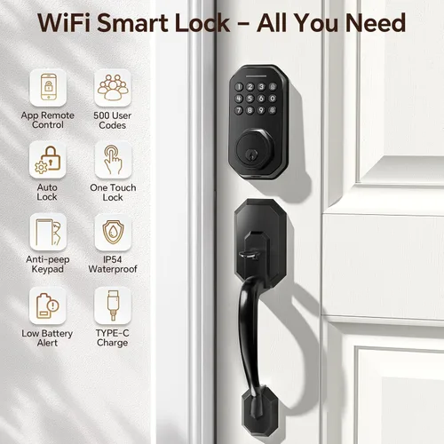 Miniatura 2 de Ulecoce Cerradura de puerta inteligente WiFi para puerta delantera, cerradura de puerta de entrada sin llave con control de aplicación, juego