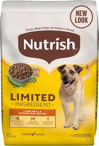 Nutrish - Comida seca para perros con ingredientes limitados, receta de carne de cordero y arroz integral, bolsa de 14 lb, el embalaje puede variar
