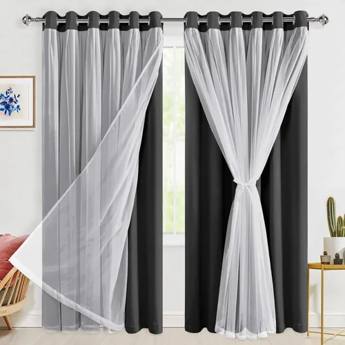 Miniatura 36 de Hiasan Cortinas opacas con superposición transparente, aislamiento térmico para mezclar y combinar de doble capa, cortinas de oscurecimiento de Beige