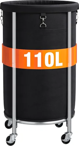 ELYKEN Cesta de lavandería con ruedas, cesta de ropa rodante de 110L, carrito de lavandería redondo con estructura de acero y bolsa removible, 4