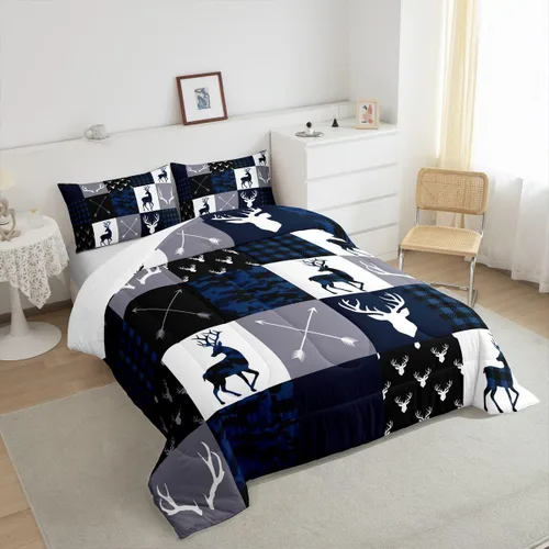 Miniatura 58 de Juego de edredón de cuernos de ciervo tamaño individual, juego de ropa de cama rústica de granja con huellas de oso y pinos para decoración
