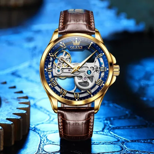 Miniatura 27 de OLEVS Relojes de esqueleto para hombre, automático, mecánico, de lujo, de cuero, impermeable, luminoso, reloj de pulsera para hombre