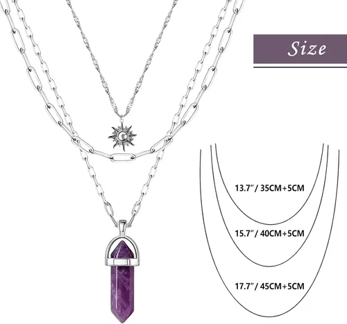 Miniatura 5 de MJartoria Collar de pentagrama de luna, collar de chakra de cristal, colgante, con dije, cadena de aleación multicapa, conjunto de gargantilla