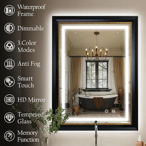 Miniatura 3 de ROLOVE Espejo antiguo negro y dorado de 23 x 33 pulgadas para pared, espejos vintage iluminados para baño con antivaho, marco impermeable, vidrio