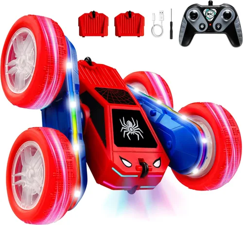 Spider - Coche de control remoto 4WD 360° Flips RC Stunt Car Monster Truck Juguetes de doble cara Drift RC Cars con luces LED, 2 módulos de batería