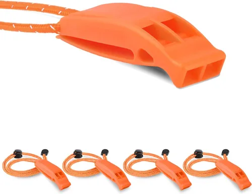 CooBigo 4Pcs Emergency Whistles, Loud Shrill Safety Whistle with Reflective Lanyard for Climbing Hiking Camping Boat Kayak 4 silbato naranja