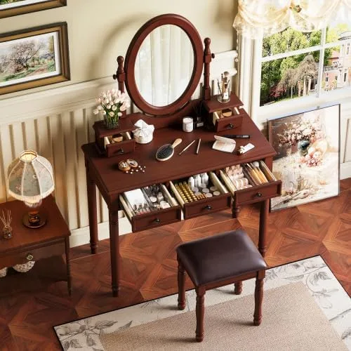 Escritorio de tocador de 55.2 pulgadas con espejo de ángulo ajustable, mesa de maquillaje vintage y taburete acolchado con forro de tela de